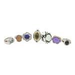 Set of 7 Stylish Cocktail Rings with Mixed Stones