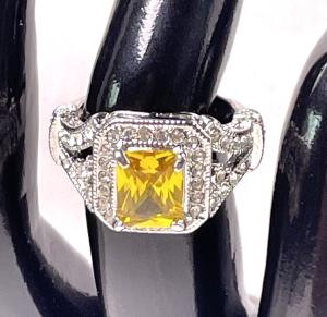 Silver Toned Ring with Yellow Citron Gemstone
