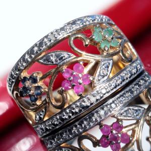 925 sterling silver sz 9 diamond ring 0.70ct treated multi gemstone flowers 6.0g