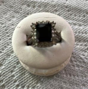 Vintage Black Onyx Gemstone Ring  surrounded by Diamond Chips Size 8