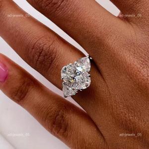 14K Solid White Gold Oval Diamond Wife Prong Three-Stone Unique New Ring Jewelry