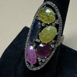 925 Sterling Silver Rhodium Plated Multi Gem Stone And Diamonds Ring Sz 7