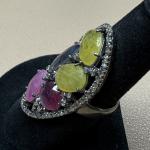 Sterling Silver Multi Gemstone and Diamond Ring sz 7