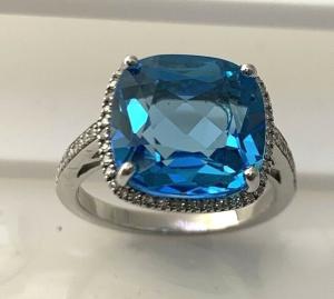 Natural Blue Topaz & Diamond Cushion Ring in Sterling Silver Sz7.25