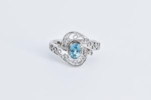 14K Oval Blue Topaz Diamond Filigree Statement Ring White Gold *37