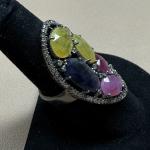 Sterling Silver Multi Gemstone and Diamond Ring sz 7