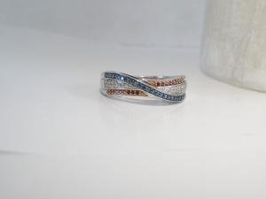 Sterling Silver 925 Iradiated Natural Red White Blue Diamond Cross Over Ring 11