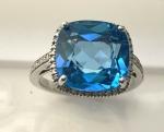 Blue Topaz and Diamond Cushion Ring in Silver