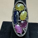 Sterling Silver Multi Gemstone and Diamond Ring sz 7