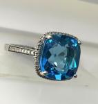 Blue Topaz and Diamond Cushion Ring in Silver