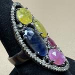 Sterling Silver Multi Gemstone and Diamond Ring sz 7