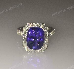 4 Ct Cushion Cut Blue Tanzanite Halo Engagement Ring 14K White Gold Finish