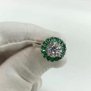 3ct Created Round Cut Emerald & Diamond Engagement Ring 14K White Gold Plated