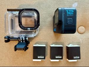 GoPro HERO12 Black 5.3K UHD Action Camera, 3 Batteries, Waterproof Case,Stick