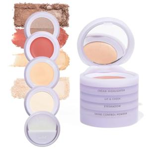 Subtl Staks 4-in-1 Travel Makeup Kit by Subtl Beauty - Eyeshadow Duo, Shine Control Powder, Cream Highlighter, Lip and Cheek - Includes Mirror Lid and Mini Brush - Stackable Makeup Designed for Travel