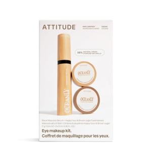 ATTITUDE Oceanly Brown Makeup Set, EWG Verified Eyeshadow and Lash Serum Infused Mascara, Vegan Beauty, Set of 3 Products