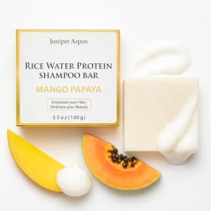 JUNIPER ASPEN Rice Water Protein Shampoo Bar – Solid Shampoo for All Hair Types with Kaolin Clay – Strengthening, Nourishing, Plastic-Reducing Hair Care – 3.5oz Bar – Women-Owned (Mango Papaya)