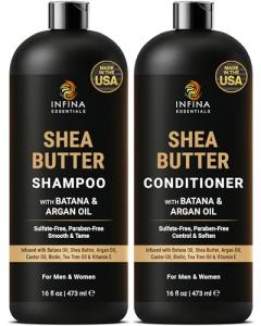 INFINA ESSENTIALS Shea Butter Shampoo & Conditioner Set | 16 fl oz Each | with Batana Oil & Argan Oil | Moisturizing, Strengthening & Frizz Control Formula | Supports Hair Growth & Adds Thickness