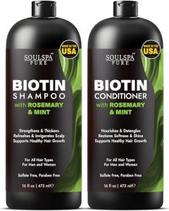 SOULSPA PURE Biotin Shampoo and Conditioner Set for Men & Women | 16 fl oz Each | with Rosemary & Mint | Sulfate Free Hydrating & Strengthening Hair Care for Thinning, Color-Treated & Dry Hair