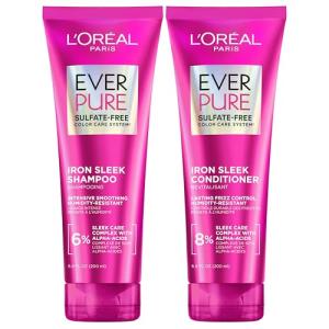 L'Oreal Paris Sulfate Free Iron Sleek Smoothing Shampoo and Conditioner, Frizz Control and Humidity-Resistant Formula with Alpha-Acids, EverPure Hair Care, 1 Kit