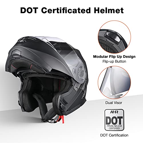 AHR Flip Up Full Face Motorcycle Helmet - Matte Black