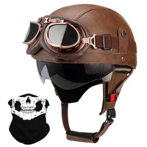 Vintage German Style Leather Half Helmet with Goggles