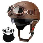 Vintage German Style Leather Half Helmet with Goggles