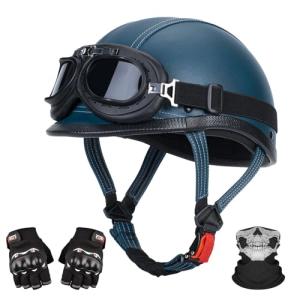 LNCHAO Retro Leather Half Motorcycle Helmet - Blue