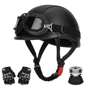 LNCHAO Retro Leather Half Motorcycle Helmet - Black