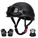 LNCHAO Retro Leather Half Motorcycle Helmet - Black