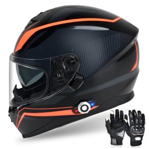 DOT Motorcycle Helmet Full Face Dual Visor + Bluetooth Headset Intercom + Gloves