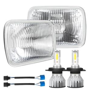 IHNZCB 7X6 Inch H6054 Glass Square Headlight Housing + H4/9003 High Low Beam Bulbs for Cars,Truck and Van,Halogen Sealed High Low Dual Beam,OEM Style Original Classic Look Conversion Assembly Pair Kit