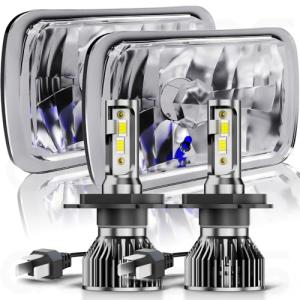 Pair 7x6" 5x7" LED High/Low Beam For 1995-1997 Nissan Pickup Hardbody,5x7 7x6 inch Diamond Crystal Clear Semi Sealed Beam Glass Lens Housing Headlights,H4 LED Bulbs,6000K Cool White