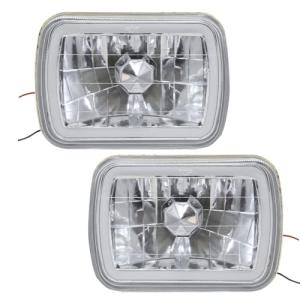 YLT AUTO 7x6 Inch Semi-Sealed Beam Crystal Headlight Headlamp with White Led Halo Replacement Kit Diamond Cut Clear Glass Chrome Housing H6054 H6052 H6014