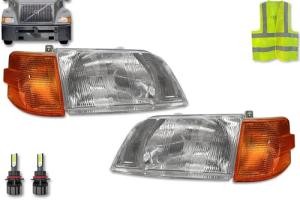 KOZAK Headlights Set with 2x LED Bulbs 9007 and Turn Signal Lights (Left Driver and Right Passenger Side) Compatible with Volvo VN VNL 1998-2003, VNM 2000-2017 PLUS Reflective Vest