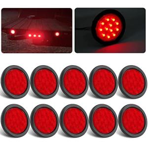 10Pcs 4 Inch Round Led Trailer Tail Lights Red 12 LED Waterproof 4" Round LED Stop Turn Tail Brake Light Marker Trailer Truck RV Lights Sealed Grommet Flush Mount w/3 Prong Wire Pigtails
