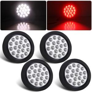 Partswcgg 4Pcs 4" Round Red Stop Turn Tail Lights to White Back-up Lights 19 LED, 4 Inch Round Red/White Dual Trailer Truck Tail Lights with Rubber Grommet and 3 Prong Wire Pigtails IP67 Waterproof