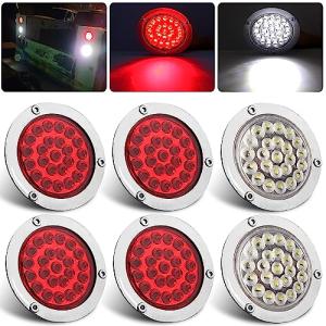 6Pcs 4 Inch Round Led Trailer Tail Lights Kit, 4 Red + 2 White 4" Round Led Stop Turn Tail Back-up Reverse Lights 24 LED Flange Mount for Truck Trailer RV Camper Tail Lights w/Chrome Plastic Bezels