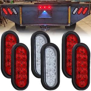 6Pcs 6 Inch Oval LED Trailer Tail Lights 10 LED, 4 Red and 2 White 6" Oval Led Stop Turn Tail Lights Brake Reverse Back Up Trailer Lights w/Flush Mount Grommets Plugs Waterproof for RV Truck Bus 12V