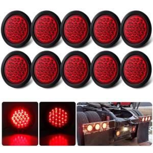 10Pcs 4" Inch Round Red LED Trailer Tail Lights 24 LED 4" Round LED Stop Turn Tail Lights Trailer Brake Lights Waterproof Flush Mount w/Grommets 3-Prong Wire Pigtails for Trucks RV UTE UTV 12V