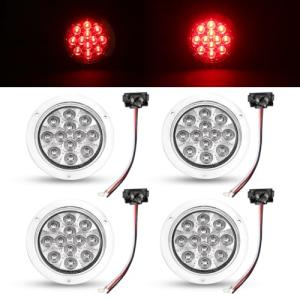 TMH (Pack of 4) Clear Lens Red LED 4 Inch Round Trailer Tail Lights with Chrome Bezel F3 Piranha 12 LED for Truck Bus Lorry Trailer 12V DC