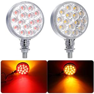 Double-Face Pedestal Fender Light Round Amber Stud Mount, 3 Inch 30 LED Clear Lens Rear Stop Turn Tail Signal Trailer Light for Semi Truck Peterbilt Kenworth Freightliner Towing Truck 2 Packs
