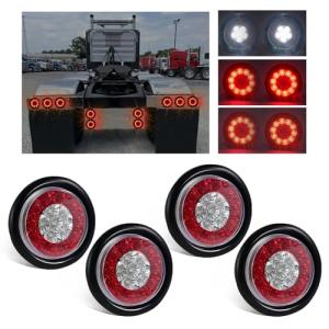 Wodvyss 4 Pcs 4" Round LED Truck Trailer Tail Lights 16 LEDs Stop Brake Reverse Backup Running Light with Rubber Grommet Red White LED Lamps Sealed Surface Mount for Trailers Trucks RVs 12V