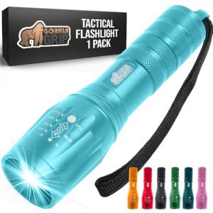 GORILLA GRIP Powerful LED Tactical Flashlight, 750 FT High Lumens 5 Adjustable Modes, Water Resistant, Ultra Bright Zoom Flashlights, Small Mini Flash Light, Camping, Night Dog Walking, Turquoise