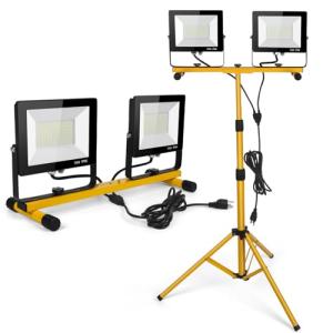 LED Work Lights with Stand, 21000 Lumen, 2-Head Adjustable Work Light, Waterproof Foldable Tripod, 6,500 Kelvin, Extended Cord for Outdoor & Indoor Job Sites, Workshops, Construction, Garage Lighting