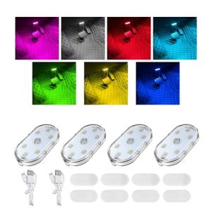 Augeny 4 PCS Car LED Lights Interior Wireless, 7 Colors Sticky Auto Interior Light with 6 Bright LED Lamp Beads, Portable USB Rechargeable Vehicle Interior Led Night Light, Car Accessories