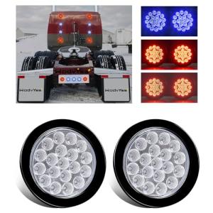Wodvyss 2 PCS 4'' Round Red/Blue Led Trailer Tail Lights Kit, 4 Inch 19 LED Stop Brake Turn Backup Reverse Running Lamps for Truck Semi Trailer RV Jeep, w/Grommets, 3-Prong Wire Pigtails, Clear Lens