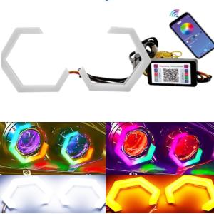 RGBW Hex Halo Angel Eye Turn Signal Light APP Bluetooth Hexagon Headlight Fog DR