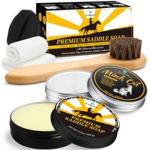 Saddle Soap for Leather – 6-in-1 Leather Cleaner & Conditioner with Saddle Soap & Mink Oil (3.52oz Each), Brush, Sponge & Towels – Complete Care Kit for Leather Boots, Bags, Car Interiors, Shoes