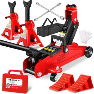 2T Hydraulic Trolley Car Jack with 2 Ratchet 3 Ton Jack Stands, Truck Jack Combo